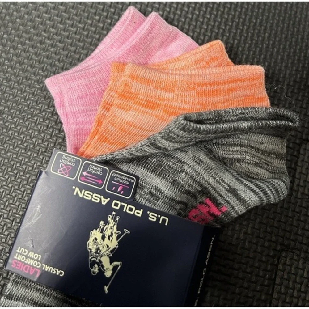 US Polo Assn Womens 6 Pair Low Cut‎ Socks Grey Pink Orange Space Dye Size 9-11